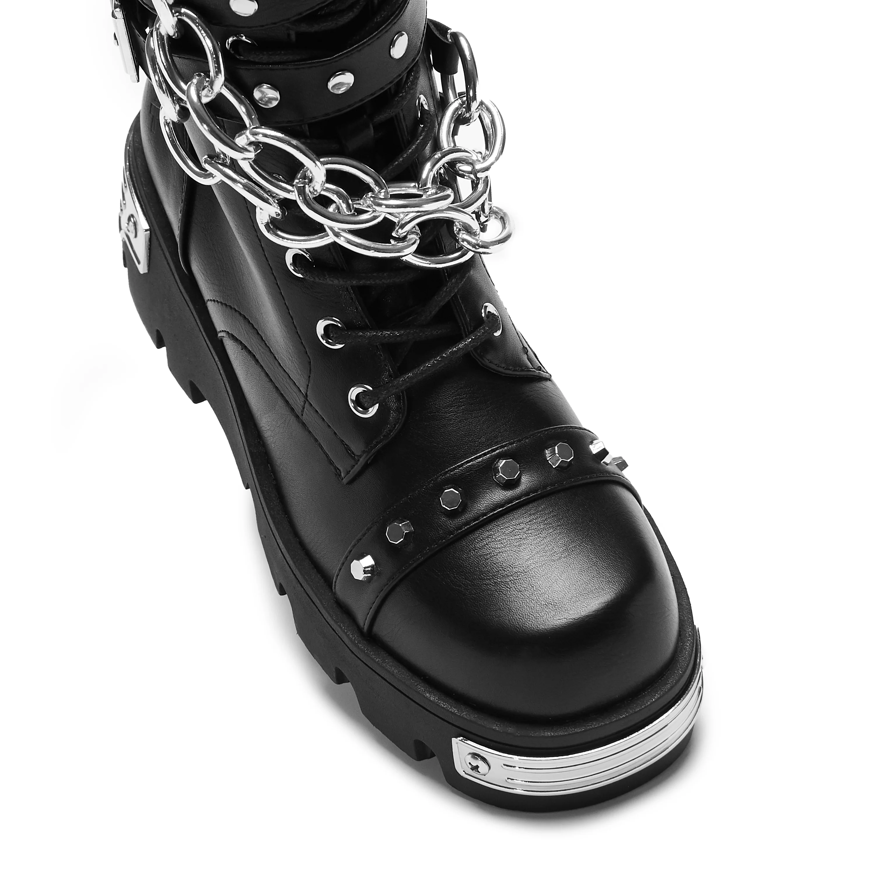 Shackled Shadows Heavy Duty Chain Biker Boots - Black - Image 5