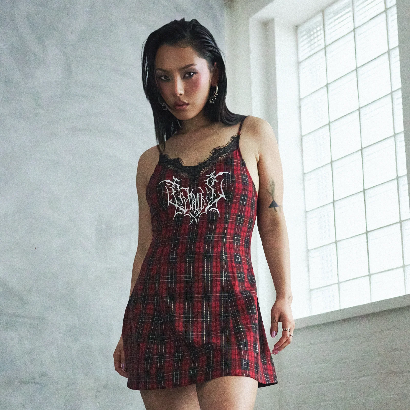 Tarnished Plaid Slip Dress - Red Tartan