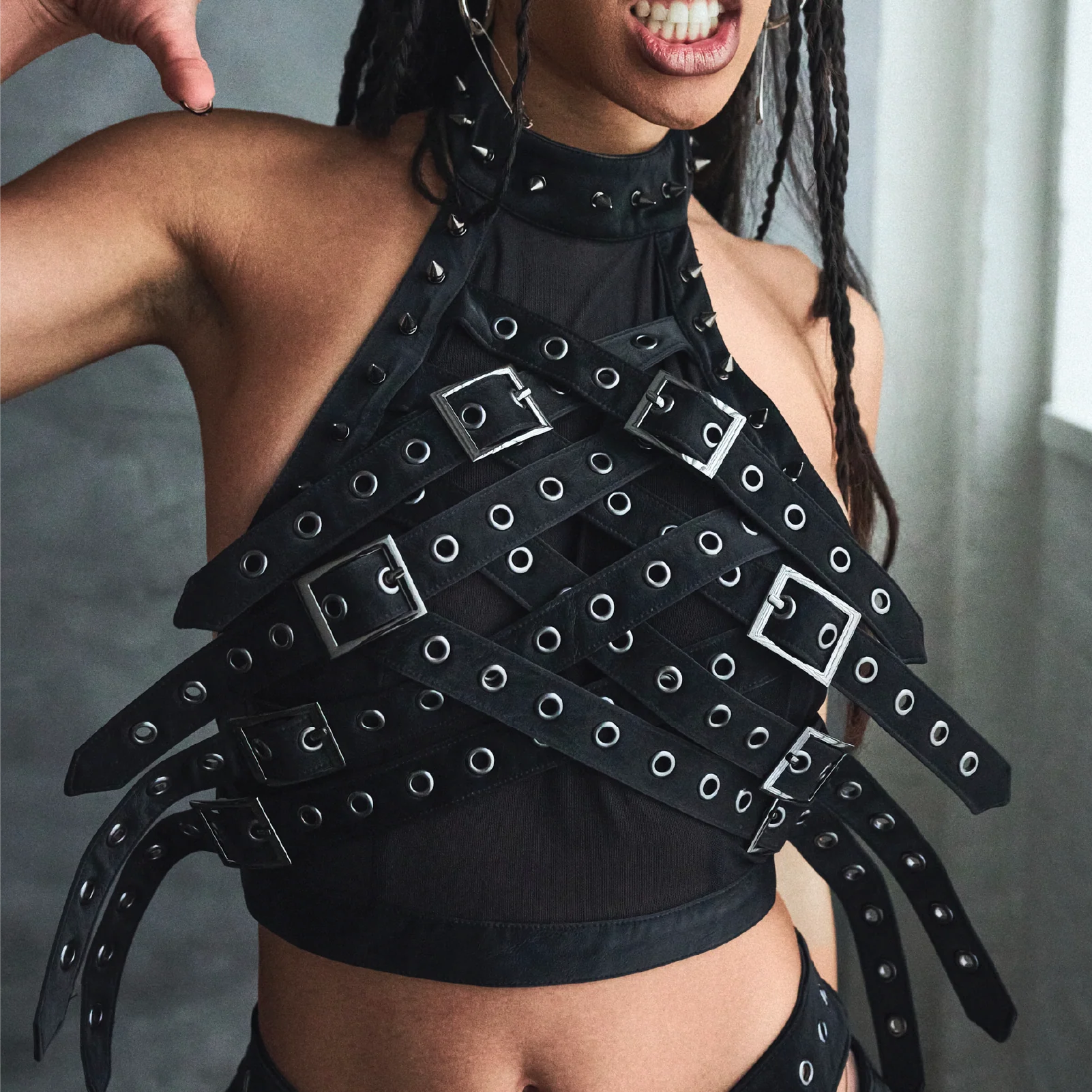 Vault Belted Mesh Crop Top- Black - Image 2